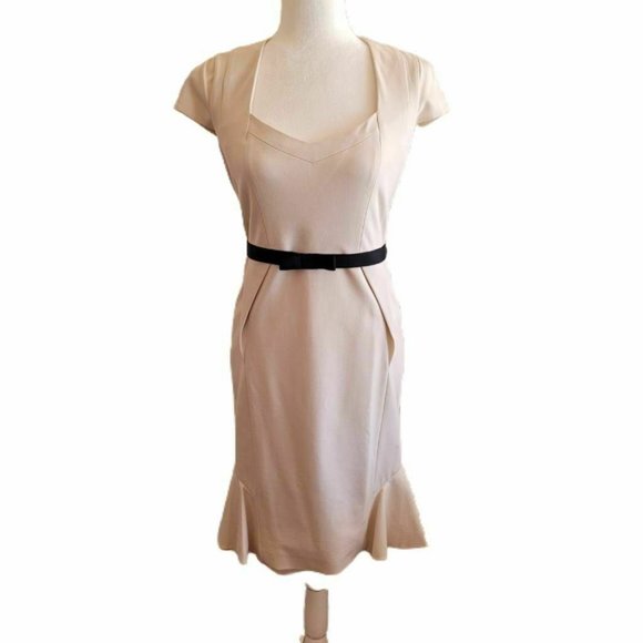 Karen Millen Womens Sheath Dress Ivory Belted Cap Sleeve Zip Up Stretch 8 New - Picture 1 of 9